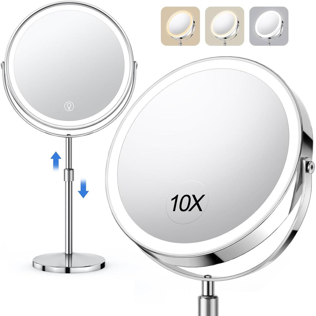 Lighted Makeup Mirror, Rechargeable Height Adjustable Double Sided, 1x/10x Magnifying with 3 Color, Brightness Adjustable, 360 Rotation Vanity, Gift for Women (Chrome)