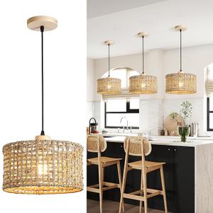 Hand-Woven Rattan Pendant Light, 11.8" Bohemian 1-Light Natural Wicker Hanging Lighting Fixture Ceiling Farmhouse Basket Hanging Lamp Chandelier for Kitchen Island, Living Dining Room