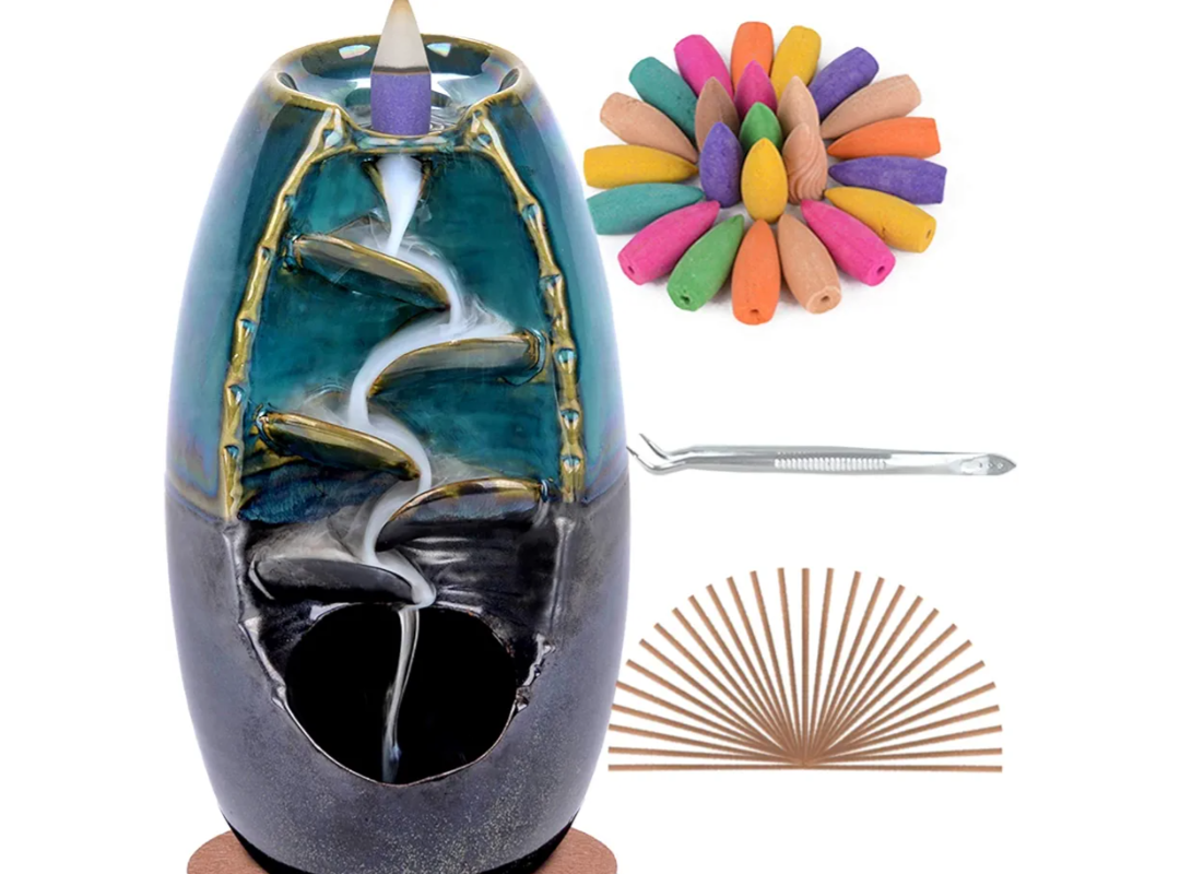 SPACEKEEPER Ceramic Backflow Incense Holder Waterfall Incense Burner, Aromatherapy Ornament Home Decor with 120 Backflow Incense Cones + 30 Incense Stick , Blue Set---- missing incense sticks