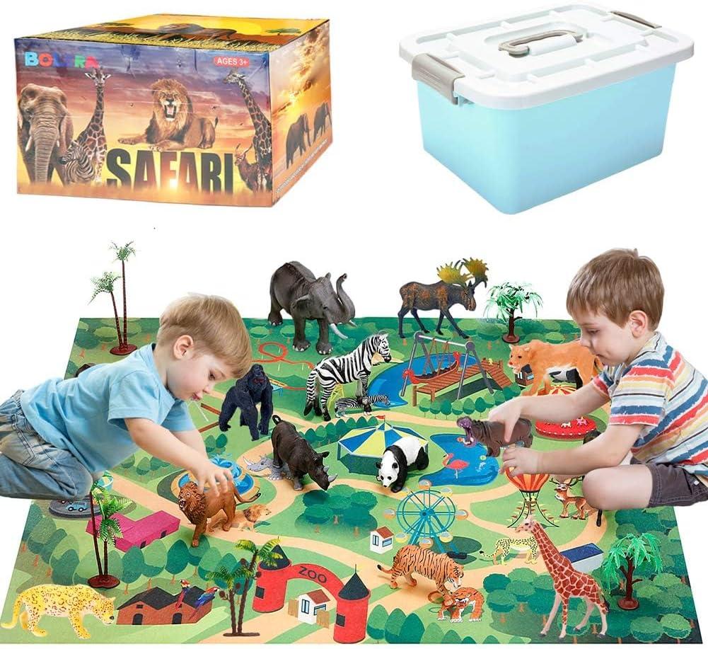 BOLZRA Safari Animals Figures with Activity Play Mat & Storage Box, Realistic Plastic Jumbo Playset with Lion Elephant Jungle Wild Zoo Animals Toys for Kids Toddler 3-5, 22Pcs