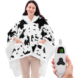 Wearable Heated Throw Blanket Electric Shawl - Heated Robe Poncho Blanket Hoodie for Adult, Winter Gifts for Mom Women Girlfriend Grandma 5-Position Timer 10-Heating Levels,Cow