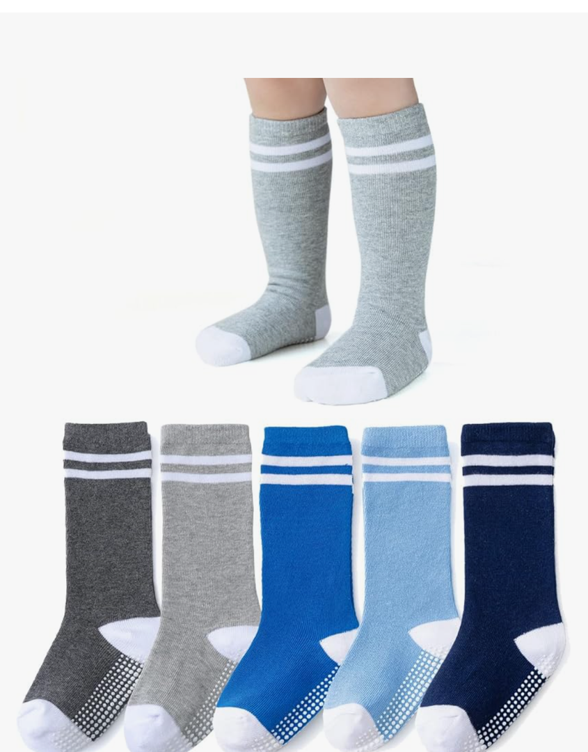 EPEIUS Knee High Socks with Non-Slip Grip,Toddler Athletic Stripe Team Tube Socks Kids Boys Girls 5-Pack