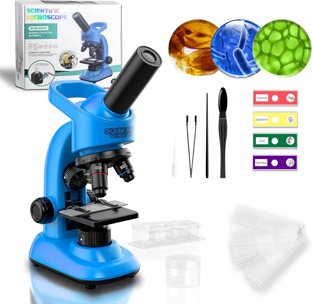 Kids Microscope,40-1600x Microscope Kit for Kids Beginners Children, STEM Kit, Prepared Slides, LED Light and Configured Various Operating Tools- Science Experiment Toy for Kids Ages 6-12