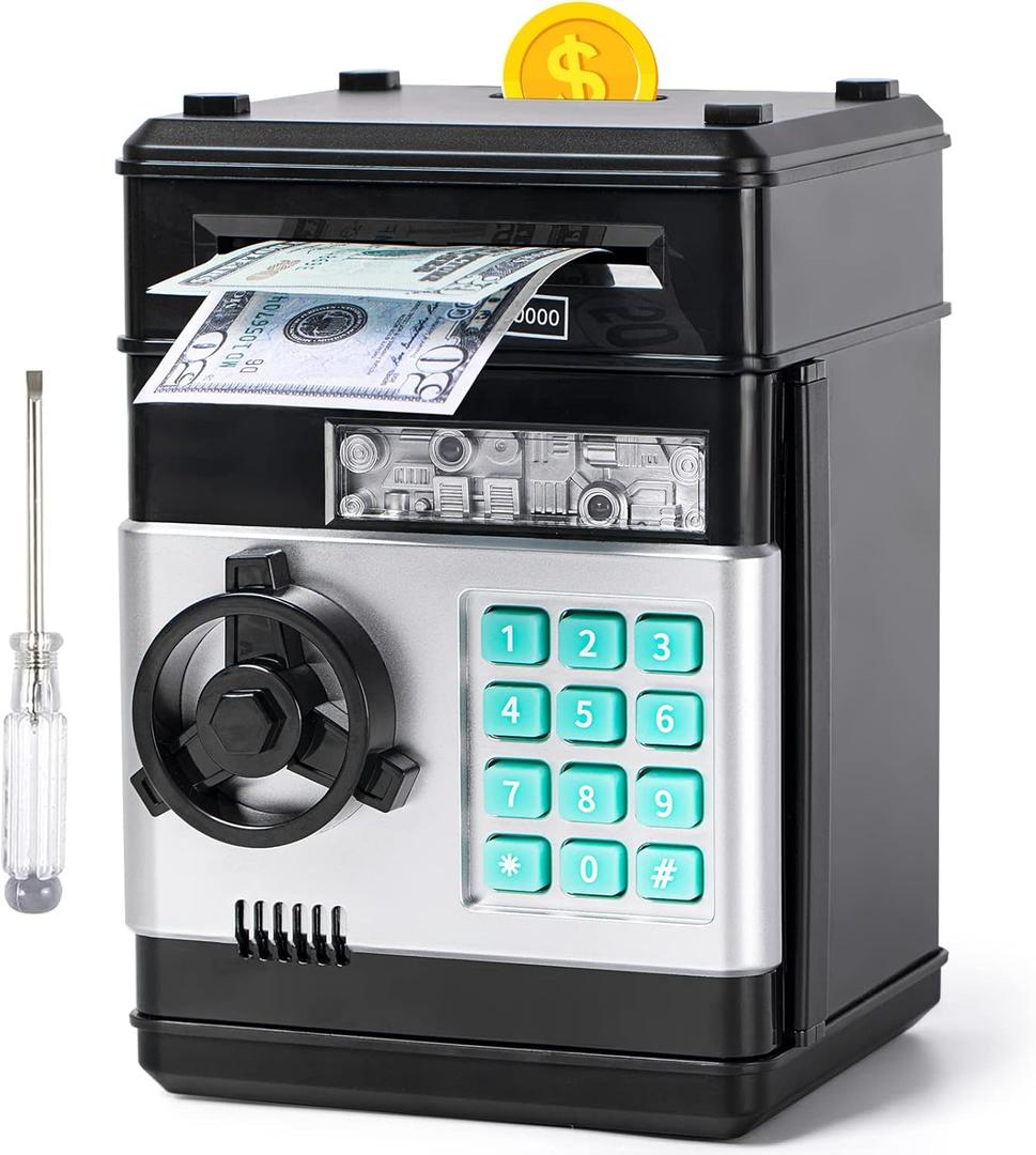 Piggy Bank, Vcertcpl ATM Coin Money Saving Box with Password, Kids Safe Money Jar with Auto Grab Bill Slot, Birthday Gifts Toys Bank for 6 7 8 9 10 11 12 Year Old Girls Boys (Large, Black)