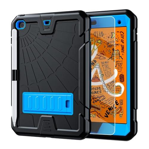 TSQQST iPad mini 5/4 Case for Kids | iPad mini 5th Generation Case with Glass Screen Protector+Stand+Pencil Holder | Full Body Drop Proof Case for iPad mini 5th/4th Gen 7.9", Blue Black