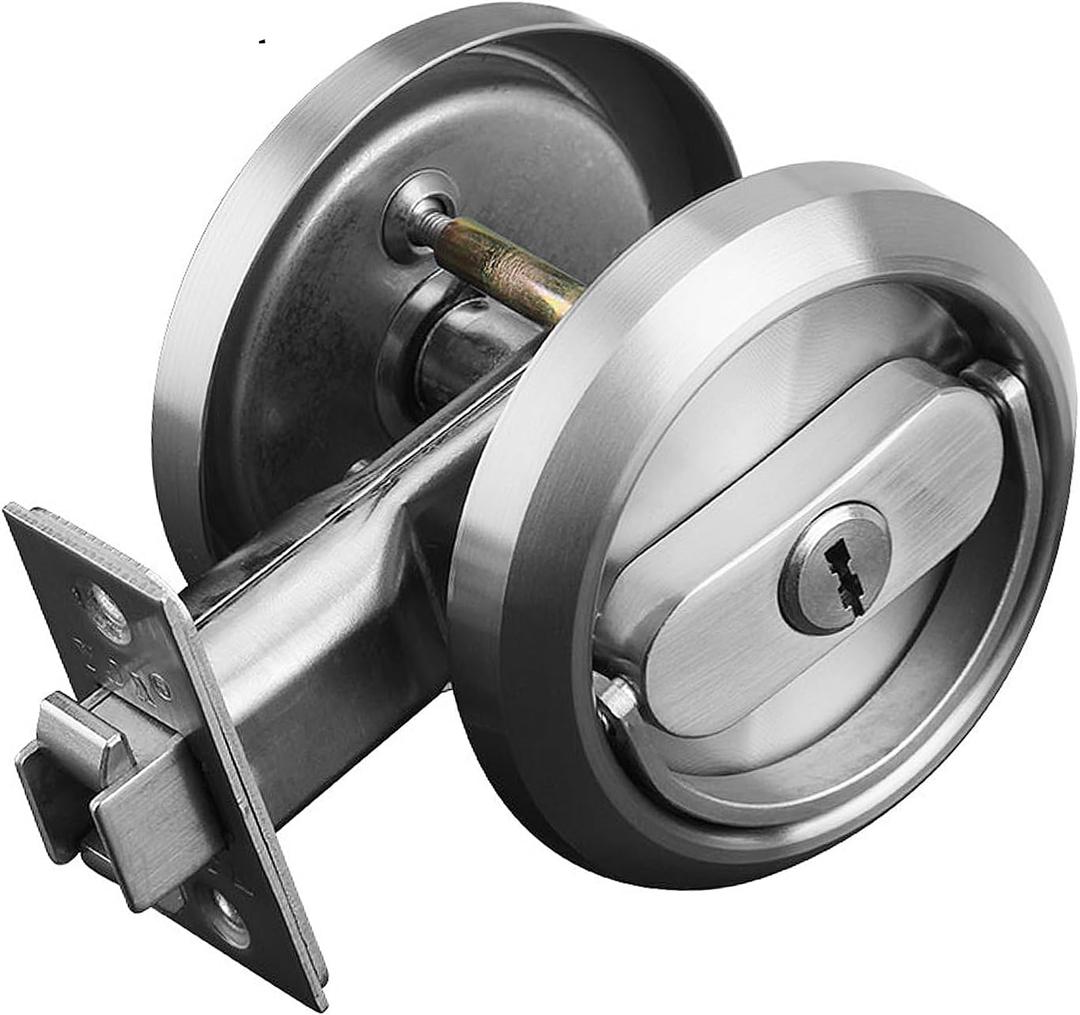 Pocket Door Lock with Key, Round Recessed Pocket Door Latch with Hidden Pull Ring, 2-3/8" Backset (1 Pack Silver)