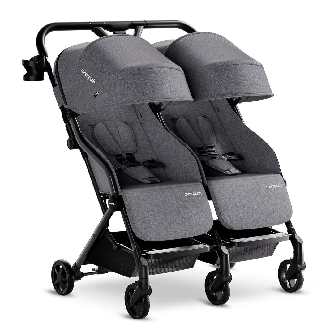 Mompush Lithe Double Stroller for Infant and Toddler, Lightweight Side by Side Twin Stroller, Only 25 lbs, 30-Inch Slim Fit Through Doorways, One-Step Fold, Independent Recline, UPF 50+ Canopy