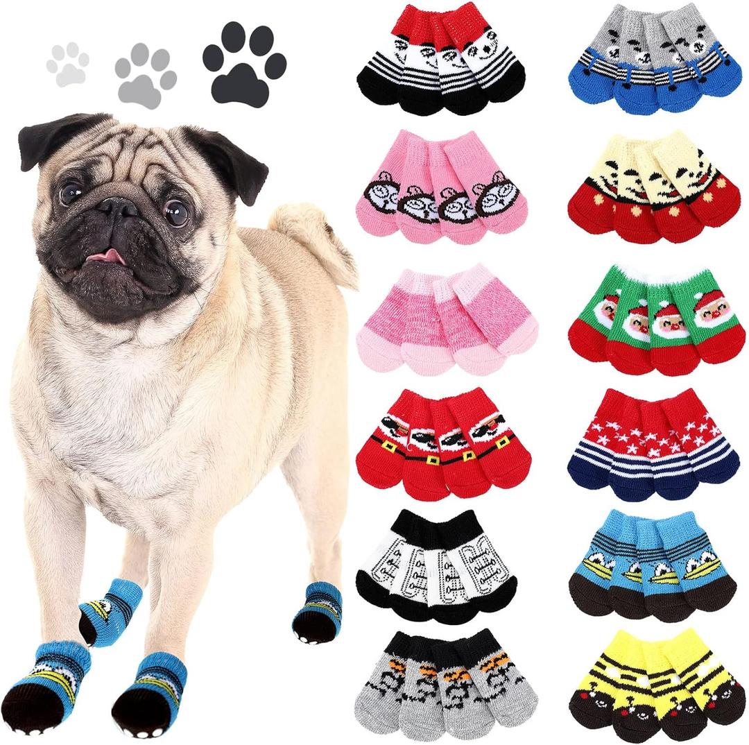 48 Pieces Dog Socks for Small Medium Dogs Non Slip Anti Slip Skid Pet Puppy Doggie Grip Paw Protectors Indoor Traction Control Socks for Hardwood Floor Protection, 12 Styles