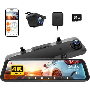WOLFBOX G850 12" 4K Rear View Mirror Camera with 5.8GHz WiFi and Voice Control, Smart Mirror Dash Cam Front and Rear, Backup Camera with 1080P Rear Camera, Dash Cam with WDR, Includes 64GB Card & GPS