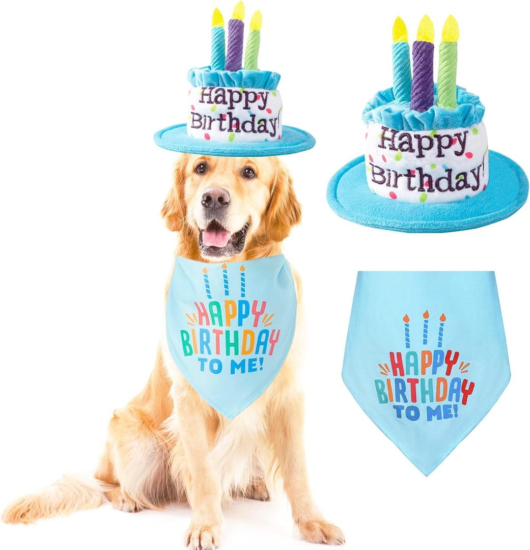 Large Dog Birthday Cake Hat & Bandana Scarfs Set Blue, Handmade Dog Happy Birthday Hat with Colorful Candles, Extral Large Dog Birthday Party Supplies Decorations (Large, Blue)