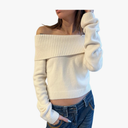 Women Off Shoulder Long Sleeve Sweater Y2K Ribbed Knit Pullover Solid Crop Top Going Out Boat Neck Blouse Size S
