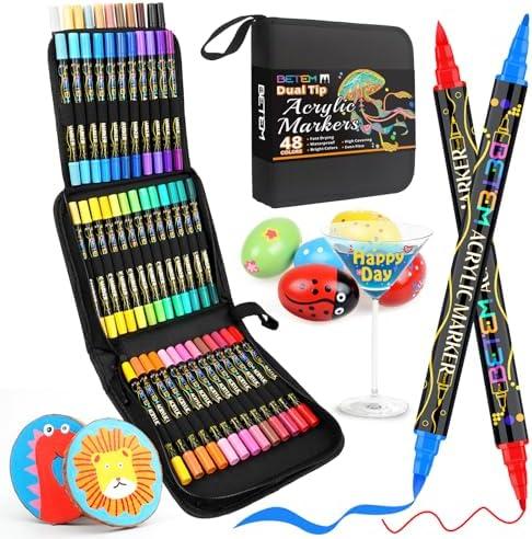 Betem Paint Markers Acrylic Paint Pens, Dual Tip 36 Colors Acrylic Markers with Brush Tip and Fine Point, Art Supplies for Wood, Canvas, Stone, Glass, Rock Painting Kit DIY Crafts Drawing Kit with Bag