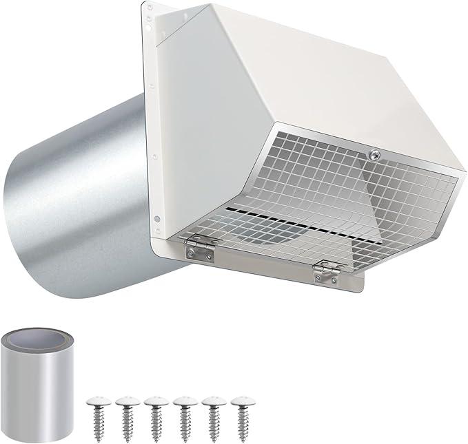 4 Inch Dryer Vent Cover Outside Hooded Wall Vent with Screen and Damper, Exhaust Vent Wall Mount Exterior Wall Vents Cover Cap for Dryer Ventilation&Outdoor Air Exhaust,Galvanized Steel,White