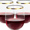 FOCUSLINE 32 Pack 12 OZ Plastic Wine Glasses, Stemless Disposable Wine Cups, Gold Rim Unbreakable Wine Glasses, Reusable Shatterproof Recyclable and BPA-Free Plastic Wine Cups