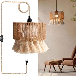 Plug-in Woven Pendant Light - Jute Hanging Lamp Shade with Adjustable Cord, Boho Light Fixture for Bedroom, Kitchen, Dining Room (Bulb Not Included) (Tassel)