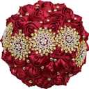 Dark Red Bridal Wedding Bouquet with Gold Rhinestone Pearl for Quinceanera Bride Bridesmaid Satin Rose Flower Brooch Bouquet Wedding Dark Red 9.5in