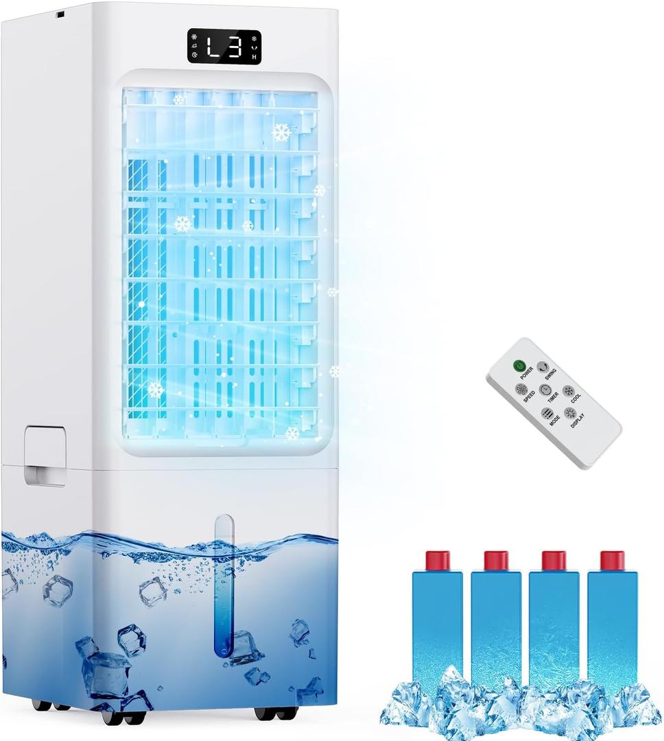 Evaporative Air Cooler, 6L Windowless Portable Air Conditioners, 4-IN-1 Swamp Cooler with 4 Ice Packs, 4 Modes & 3 Speeds, Auto Oscillating, 12H Timer, 17FT Remote, Cooling Fan for Office, Home