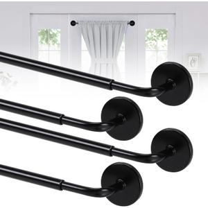 4 Pack Magnetic Curtain Rod for Metal Doors, French Door Curtain Rods Adjustable from 17 to 30 Inch, 3/8 Inch Diameter, Magnetic Cafe Curtains Rod, No Tool and Easy Installation, Black