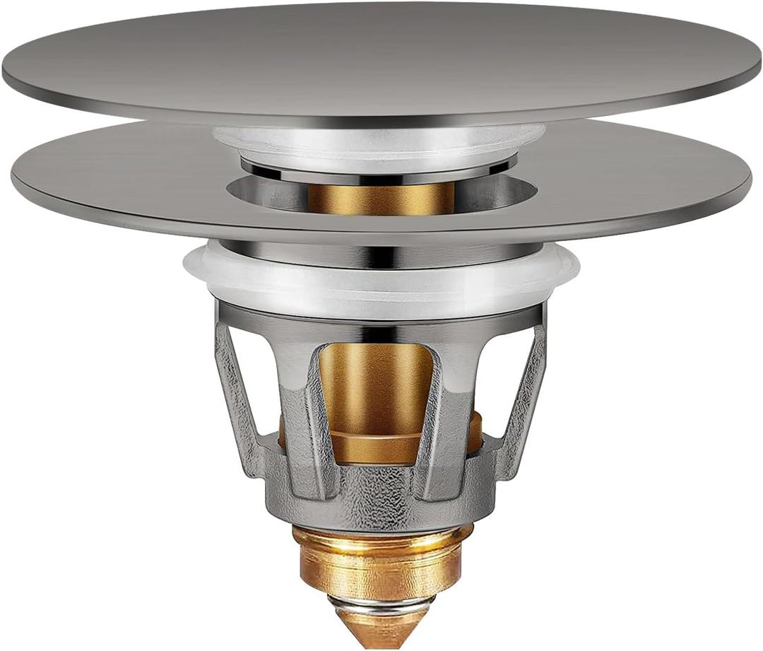 Universal Bathroom Sink Stopper with Hair Catcher, for 1.04-1.97 Inch Drain Hole, Spring Core Bathtub Drain Cover, Pop Up Sink Plug Basin Drain Strainer, Large Lid Gray