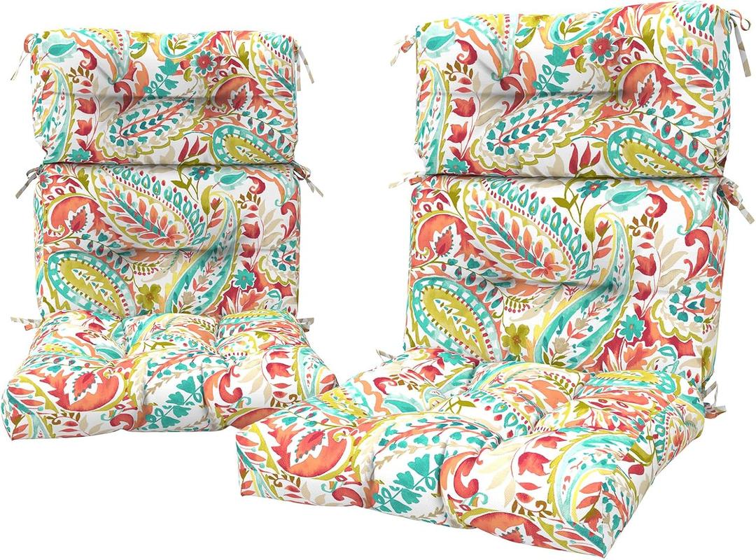 LVTXIII 2 Pack Outdoor High Back Cushions, 22" W x 20" D Tufted Seat and Back Chair Cushion with Ties, Fluffy Patio Replacement Rocking Chair Cushion for Outdoor Furniture Use, Pretty Paisley, 44"x22"x4"
