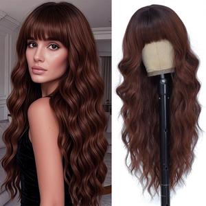 Long Auburn Wigs with Bangs 26Inch Wavy Curly Reddish Hair for Women Tangle Free Soft Natural Looking Premium Heat Resistant Protein Fiber Daily Party Use