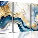 3Pcs Blue Gold Marble Canvas Wall Art Abstract Blue Gold White Wall Decor Pictures Modern Paintings Posters Prints for Living Room Bedroom Office Home Decoration, Ready to Hang (16x24in)