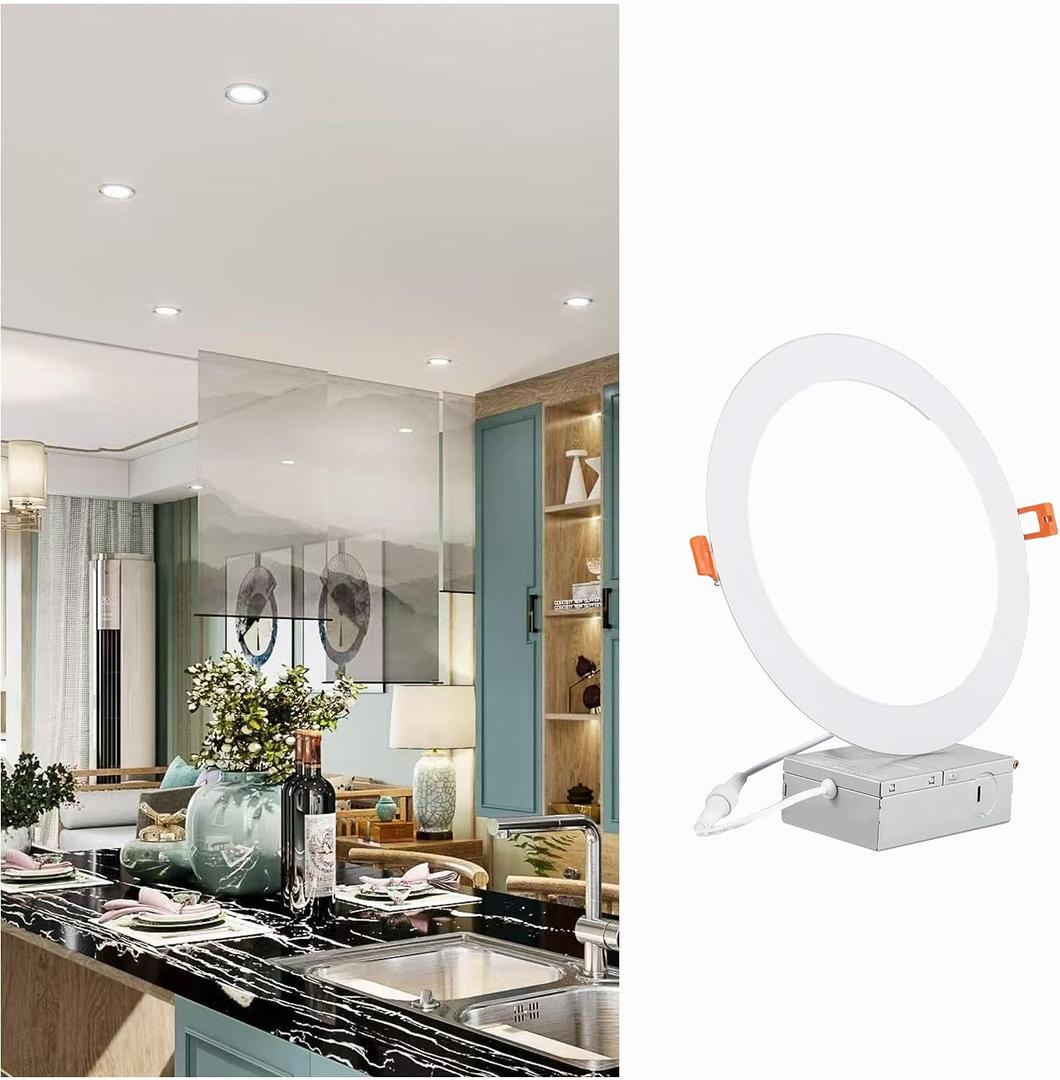 8 Inch LED Recessed Light with Junction Box, 1Pack Ultra Thin LED Recessed Lighting.6000K Daylight, No Dimmable,18W 8" Recessed Ceiling Canless Wafer Downlight.Slim Can-Killer Lights,CRI80+