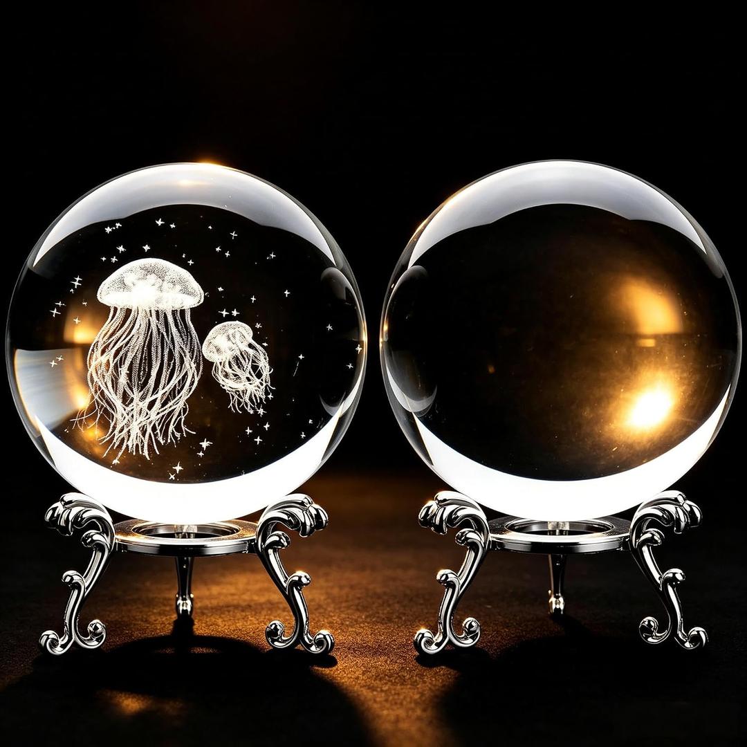 2 Crystal Balls with Silver Stands - 3D Laser Engraved Jellyfish & Star & Clear Crystal Sphere Set, Decorative Paperweights, Home & Party Decor, Photography Props, Gifts for Women & Ocean Lovers