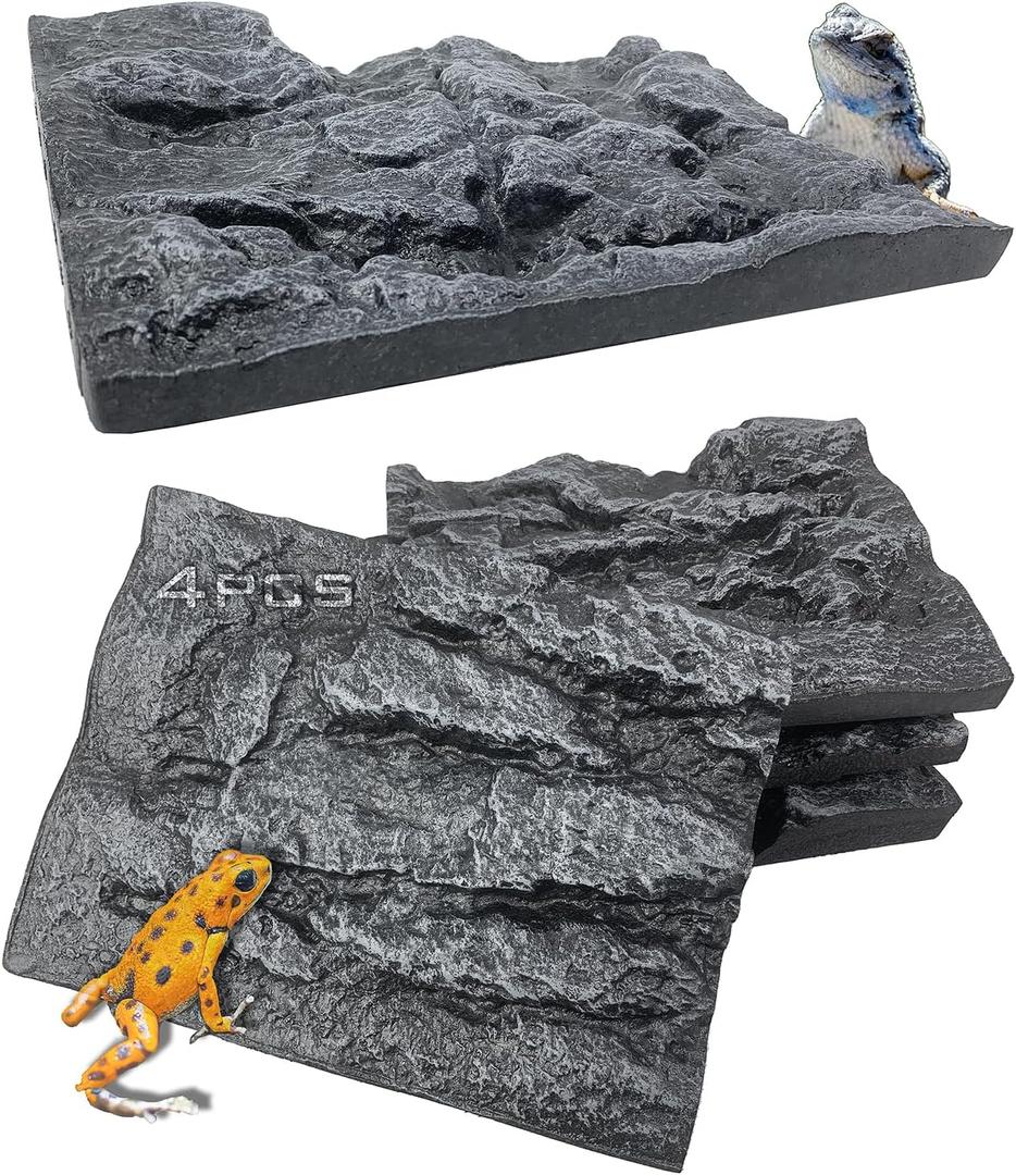 4pcs Rock Terrarium Background,3D Reptile Tank Background Board,Amphibian Stereo Backdrop Wall,Lizard Snake Gecko Spider Chameleon Turtle Fish pet silo Background Decorative Panel (grey)