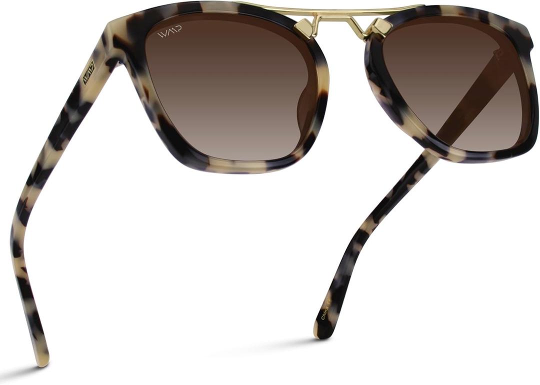 WMP Eyewear - Women's Oversized Polarized Sunglasses: Square Vintage Style with Metal Double-Bar Bridge (Beige Tortoise/Gradient Brown Lens)