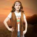 SUOLA 60s 70s Western Cowgirl Outfits Set Hippie Costume Fringe Vest with Hat Sunglasses Earring Headband for Women Halloween (Brown, L)