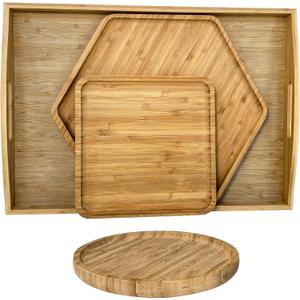 PAFREWOG Bamboo Serving Tray Dinner Plates Cheese Board 16.5"x11.8"42x30cm with Handle, Set Includes 1xHexagon 12.5"(32cm)+1xSquare 7.8"(20cm)+1xCircle 7.8"(20cm)