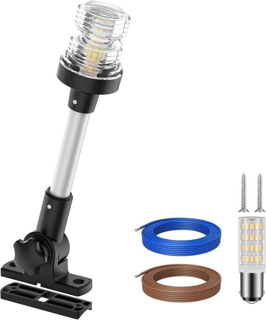 Obcursco Boat Stern Lights, 2NM 360 LED Anchor Light, IP67 Waterproof Bimini Top Lighting, Fold-Down White Navigation Lighting for Pontoon, Marine, Yacht, and Fishing Boats(9'' Horizontal Swing)