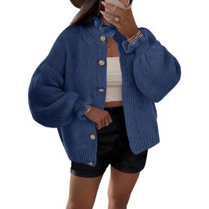 Saodimallsu Womens Ruffle Cardigan Oversized Button Up Fall Trendy Ribbed Knit Open Front Long Sleeve Loose Cute Sweater (Large, Navy)