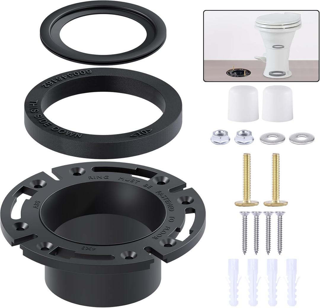 RV Toilet Seal and 3'' Floor Flange Kit, Designed for RV 300/310/320 Series, Replaces 385345892 Socket Flange and 385311658 Flush Seal and 385311652 Base Seal, 3 in 1 Combo Kit - Black (#385345892/SE345892, #385311658, #385311652)