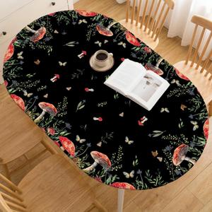 Horaldaily Regular Fitted Tablecloth 68 x 48 Inch Oval, Red Mushrooms Wild Grass Washable Table Cover Elastic Edged for Dinning, Picnic, Camping, Banquet