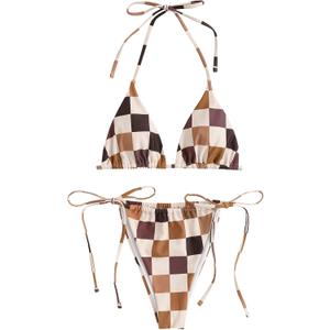 ZAFUL Triangle Bikini for Women 2 Piece Halter Bikini Sets Sexy High Cut Bathing Suit Side Tie Swimsuits (Small, 0-coffee-plaid)