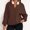 dowerme Oversized Sweatshirt for Women Casual Long Sleeve V Neck Comfy Fleece Pullover Tops Pockets Fall Outfits 2025 (Brown, S)