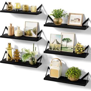 SRIWATANA Floating Shelves for Wall Decor, Wood Wall Shelves for Bathroom, Bedroom, Kitchen, Living Room, Set of 6 (Weathered Black)