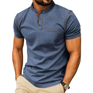 Mens Casual Short Sleeve Henley Shirt Button Front T Shirt with Pocket Lightweight Breathable Summer (Blue, M)