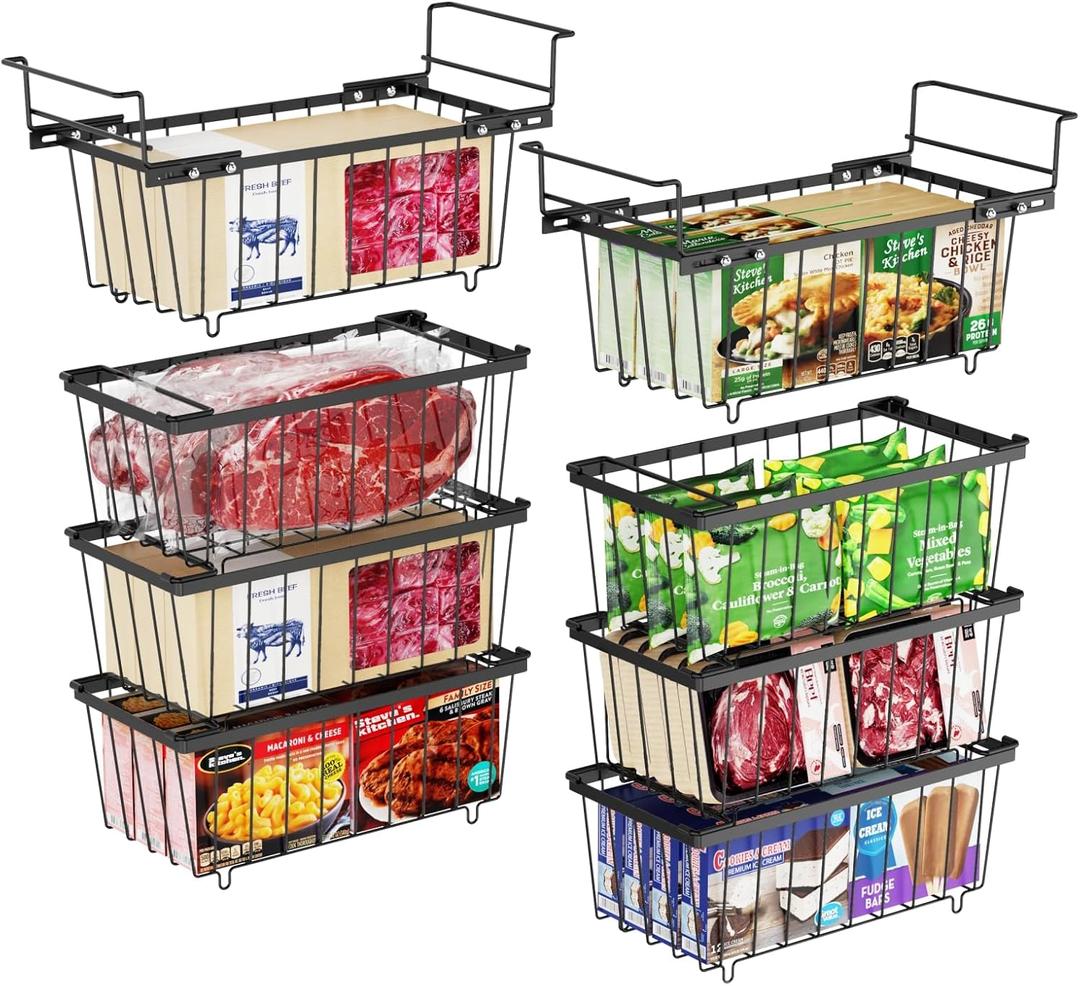 iSPECLE Chest Freezer Organizer Bins 8 Pack - Fit 7 Cu.Ft Deep Freezer, 2 Adjustable Hanging Baskets and 6 Pack Stackable Freezer Bins, Deep Freezer Organizer Bins Sort Frozen Food, Black