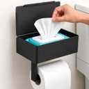 Toilet Paper Holder with Storage, Wall Mount Toilet Paper Holder with Shelf, Flushable Wipes Dispenser, Sanitary Napkin Receptacle, Matte Black Stainless Steel for Bathroom Commercial