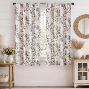 Simplebrand Natural Floral Curtains 54 Inch Length 2 Panels, Faux Linen Textured Light Filtering Privacy Curtains, Farmhouse Semi Short Window Drapes for Cabinet Bedroom Bathroom, Each 40" Wx54 L