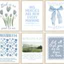 Set of 6 Trendy Blue Christian Canvas Wall Art Bible Verses Preppy Posters Coquette Blue Bow Biblical Painting Pictures Religious Scripture Prints for Girls Room Dorm Apartment Home Decor Unframed (10"Lx8"W)