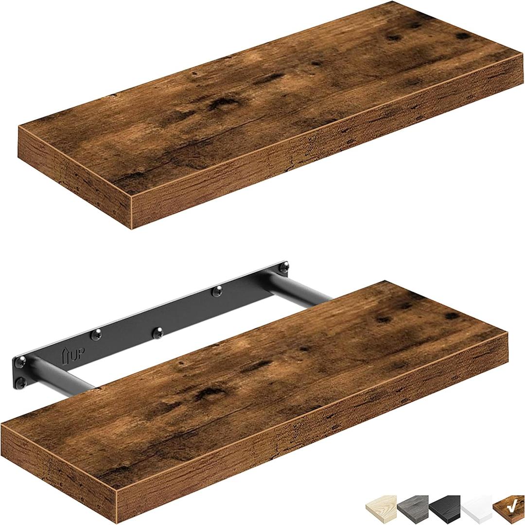 QEEIG Floating Shelves for Wall Bathroom Shelf Bedroom Kitchen Living Room Farmhouse Small Book Shelf 16 inch Set of 2, Brown (015-BN2)