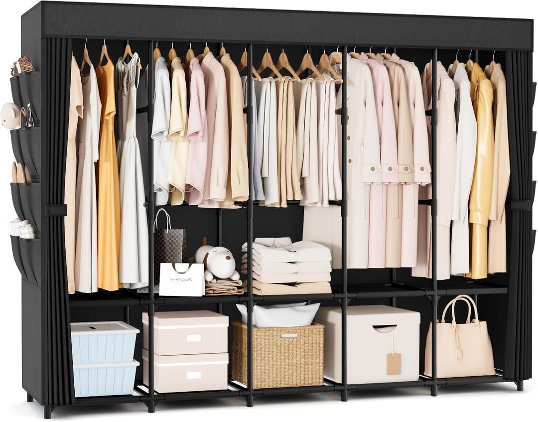 Portable Closet Storage, Portable Wardrobe Closet Organizer Clothes Rack wtih Cover, Hanging Rod, Storage Shelves and Side Pockets, Large Portable Closets for Hanging Clothes, Black (5 Row - 82'' Wide)