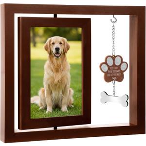 Wenqik Dog Memorial Picture Frame for Loss Rotating Wooden Paw Frame with Dog Bone Charm Holds 4 x 6 Photo Cat Pet Remembrance Sympathy Gift for Family and Friends