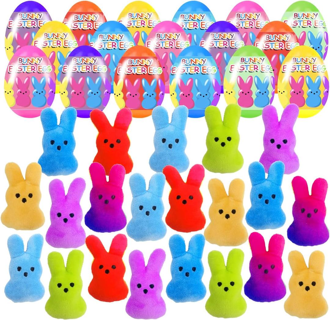 18 Pcs PreFilled Easter Eggs with Plush Bunny Toys Inside Perfect for Kids Girls Boys Easter Eggs Hunt Easter Basket Stuffers Party Favors Gifts