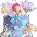 DRWATE Mermaid Cake Toppers with 3D Mermaid Shell Starfish Fishtail Balls for Kids Girls Birthday Party Baby Shower Supplies (Style1)