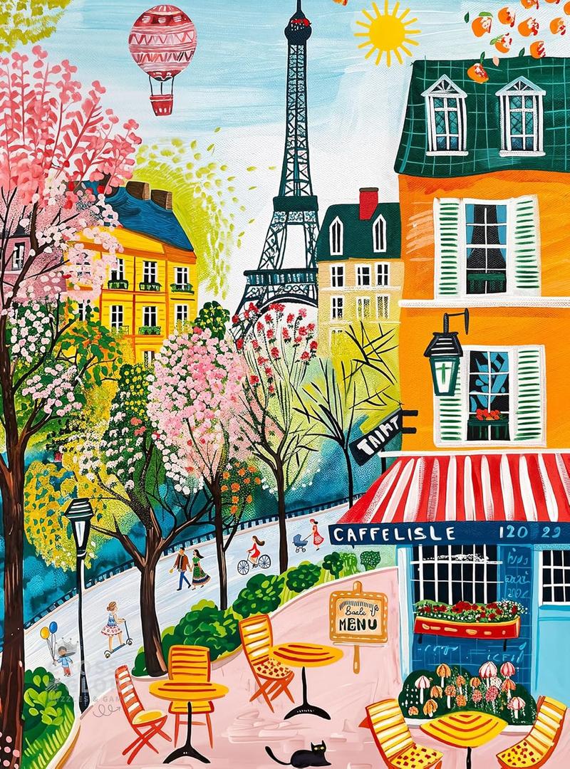 Cross & Glory  Morning at Caf Lisle  1000 Piece Jigsaw Puzzle for Adults | Paris Folk Art Puzzle | Bright Eiffel Tower Caf Scene | Premium Quality 1000 Piece Puzzle for Adults
